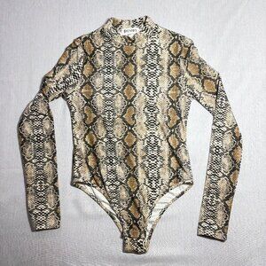 Women's PESION Mock Neck Bodysuit Brown Snakeskin Print Size XL
